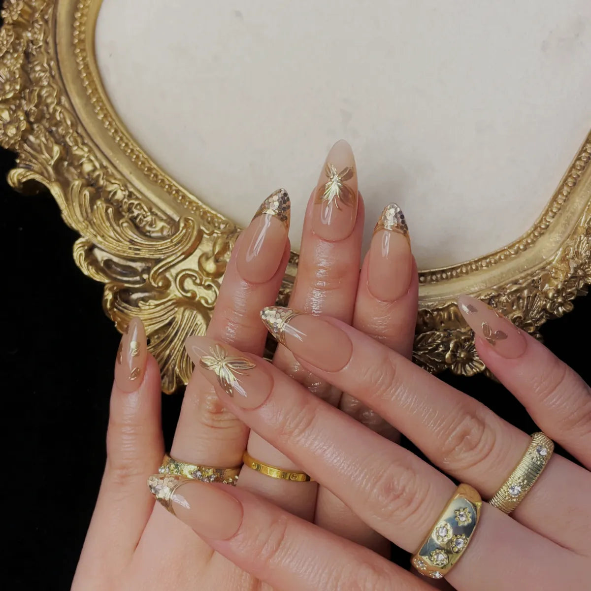 Press On Nail Golden Butterfly