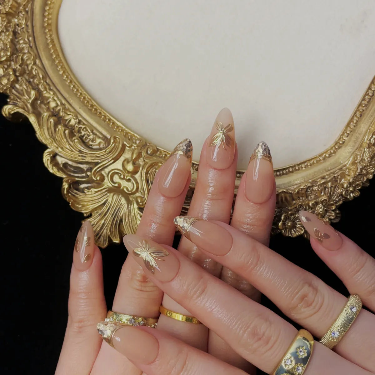Press On Nail Golden Butterfly