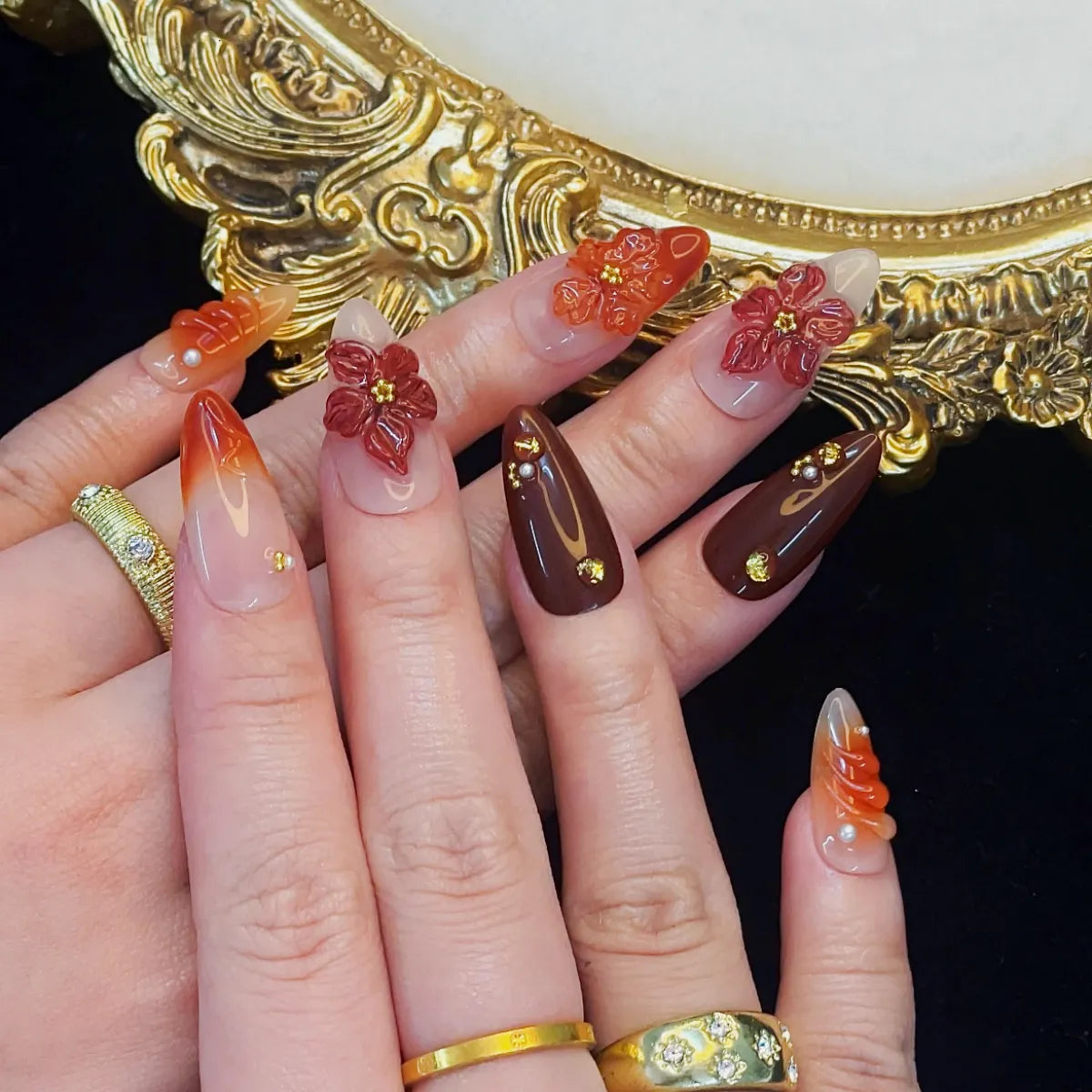 Press On Nail Orange Flowers
