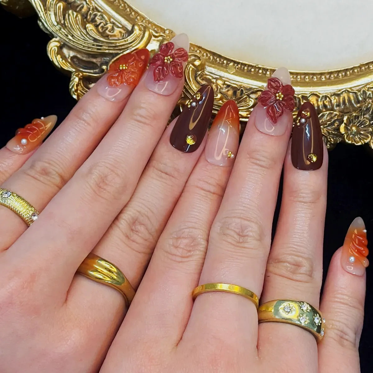 Press On Nail Orange Flowers