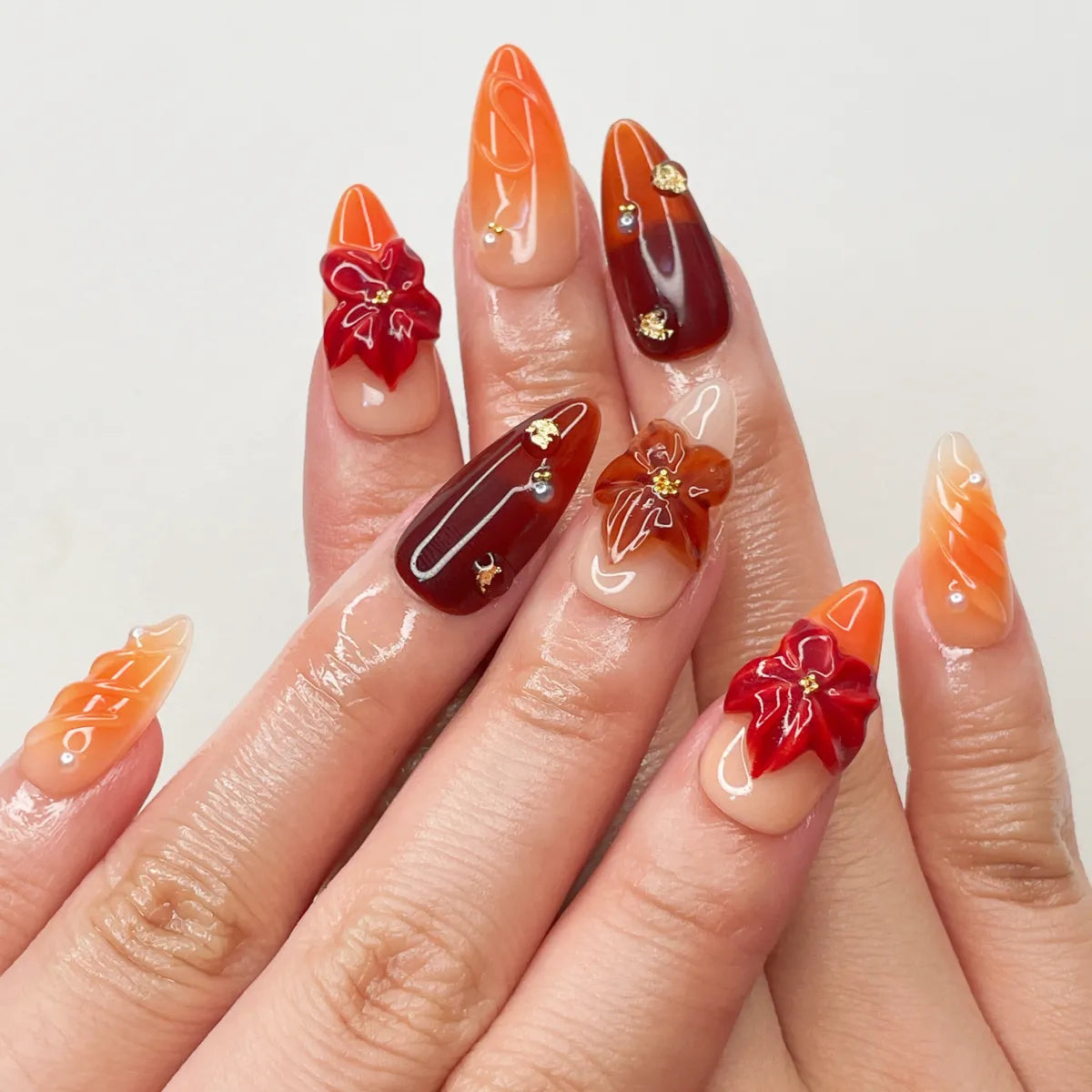 Press On Nail Orange Flowers