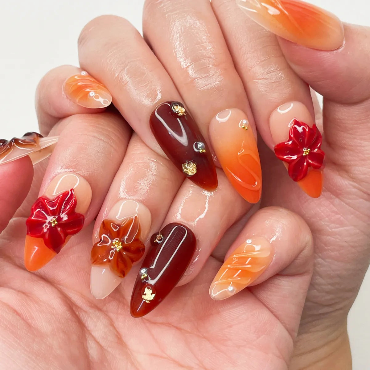 Press On Nail Orange Flowers