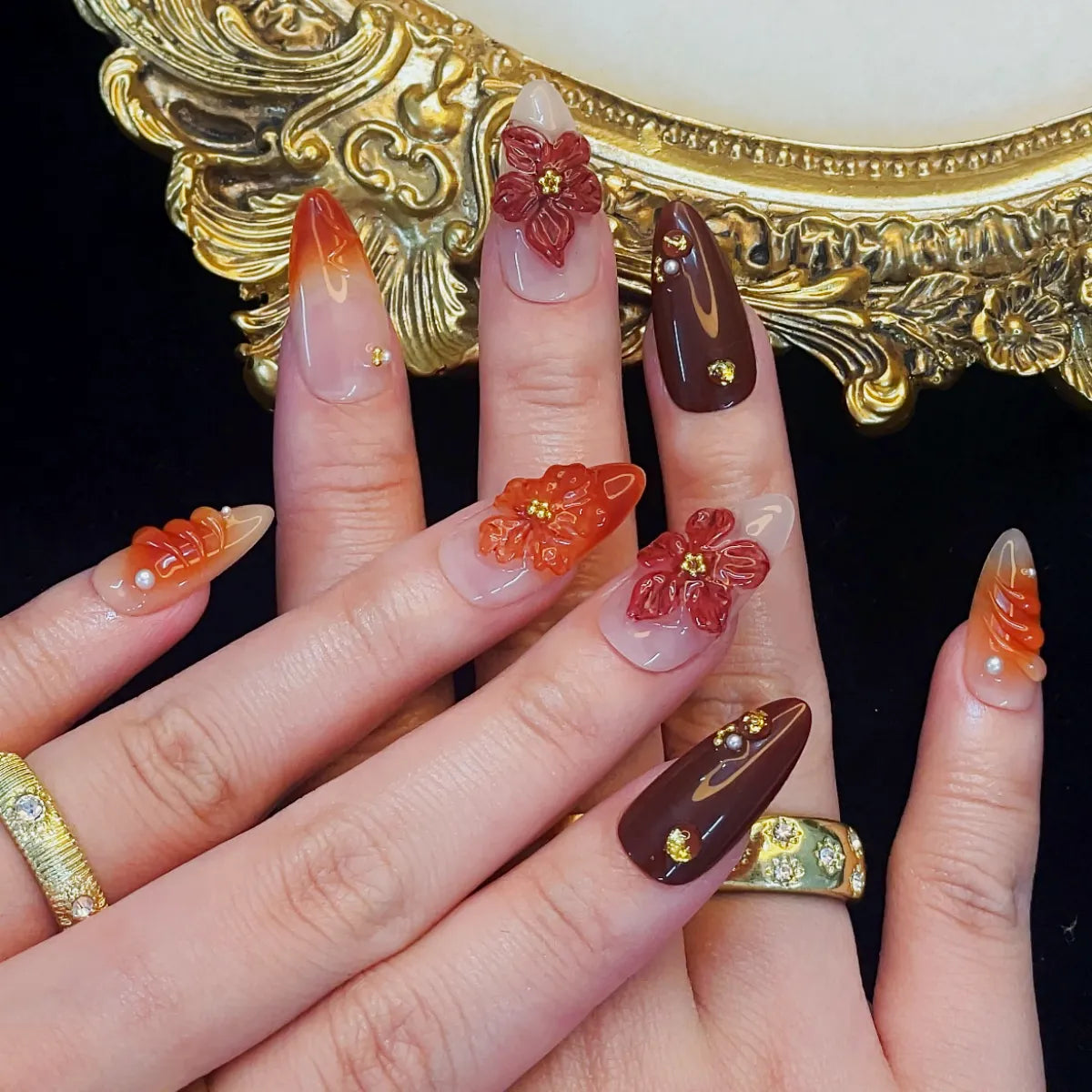 Press On Nail Orange Flowers