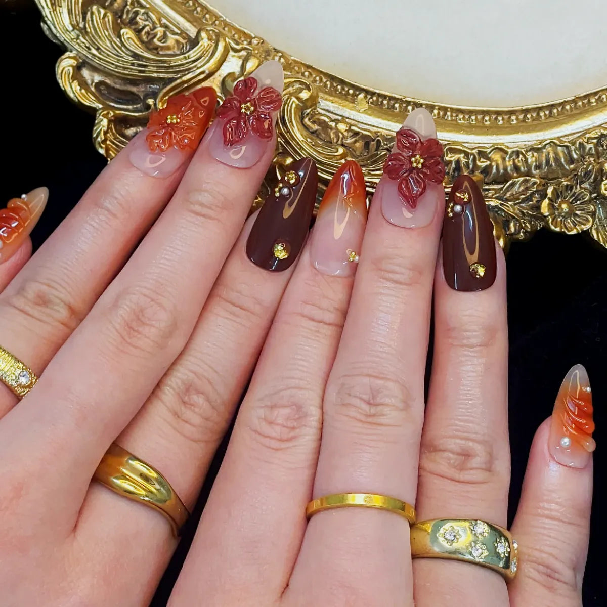 Press On Nail Orange Flowers