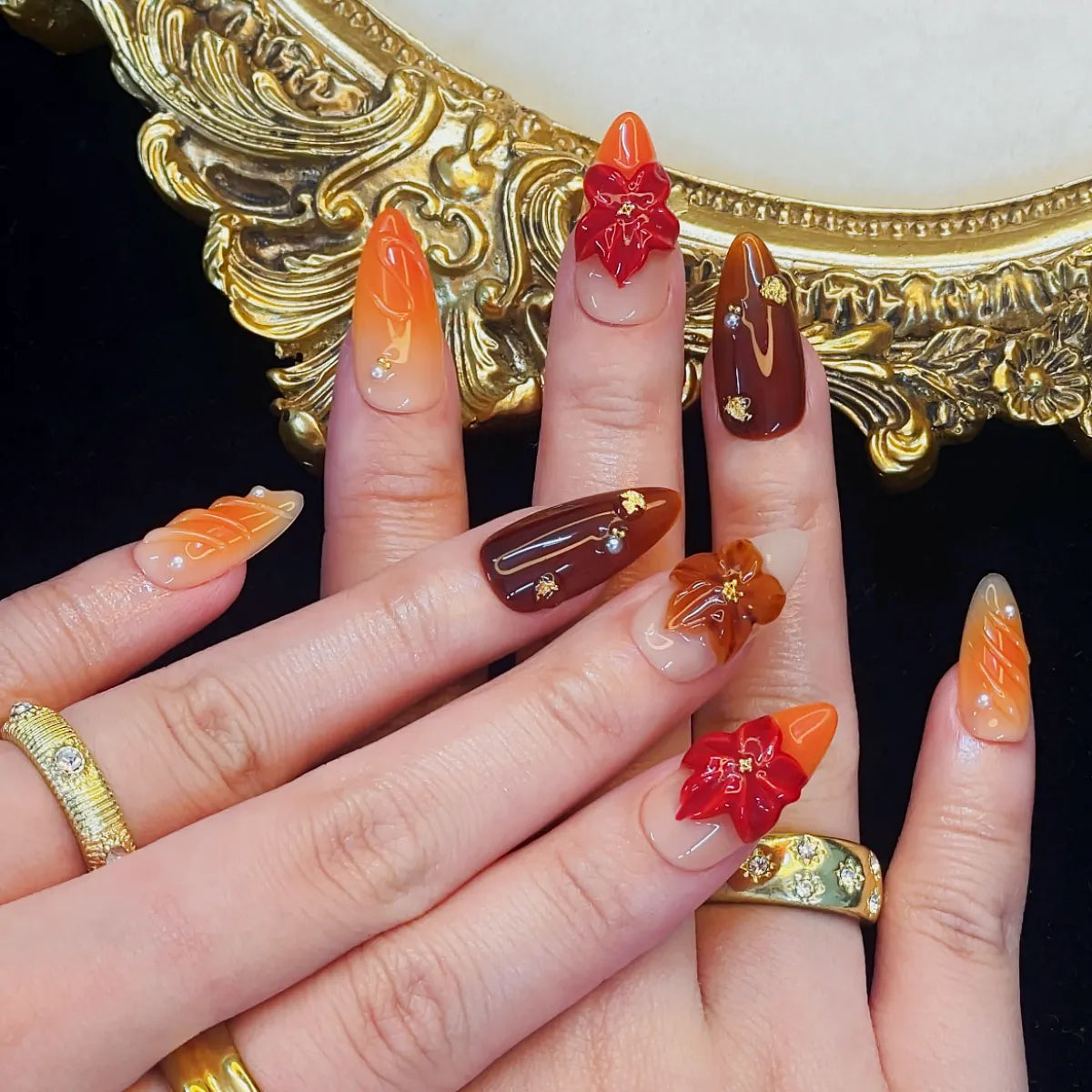 Press On Nail Orange Flowers