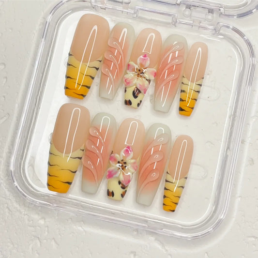 Press On Nail Pink Leopard Bloom