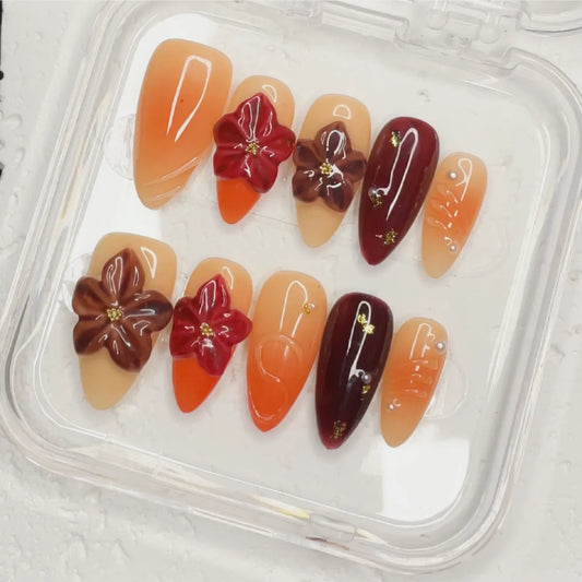 Press On Nail Orange Flowers