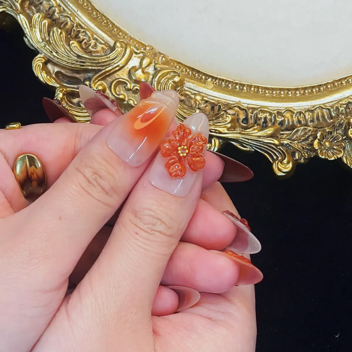 Press On Nail Orange Flowers
