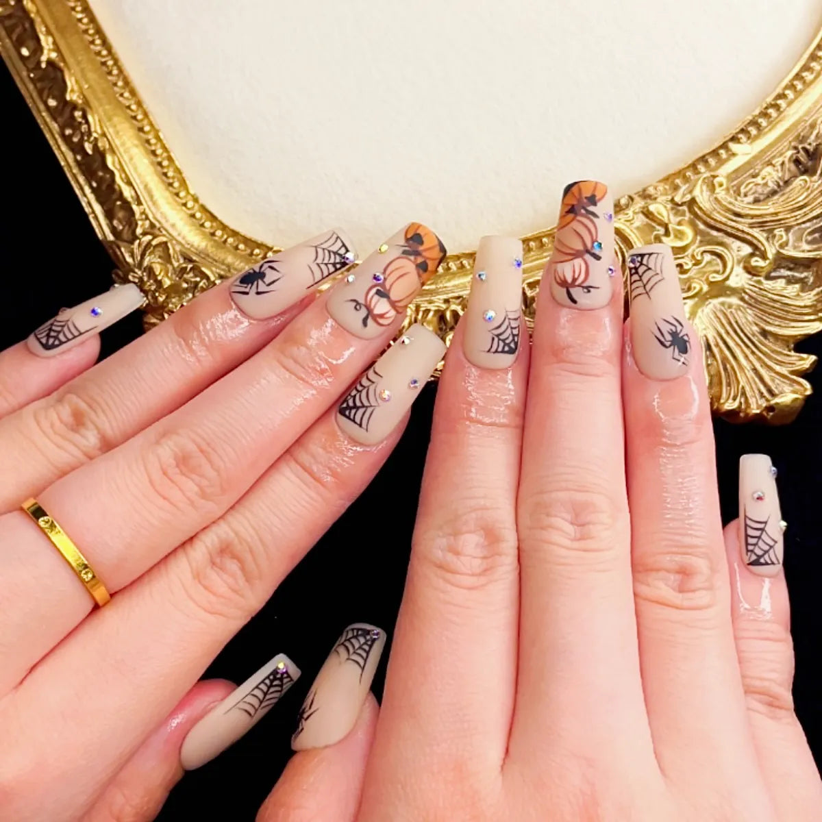 Press On Nail Pumpkin Spider