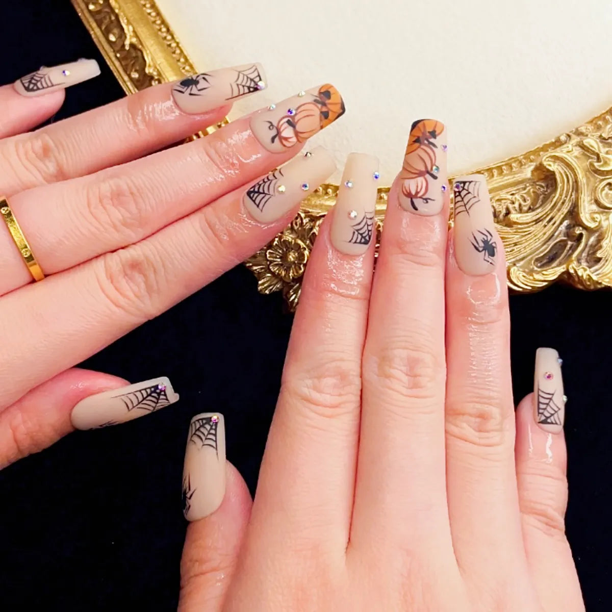 Press On Nail Pumpkin Spider