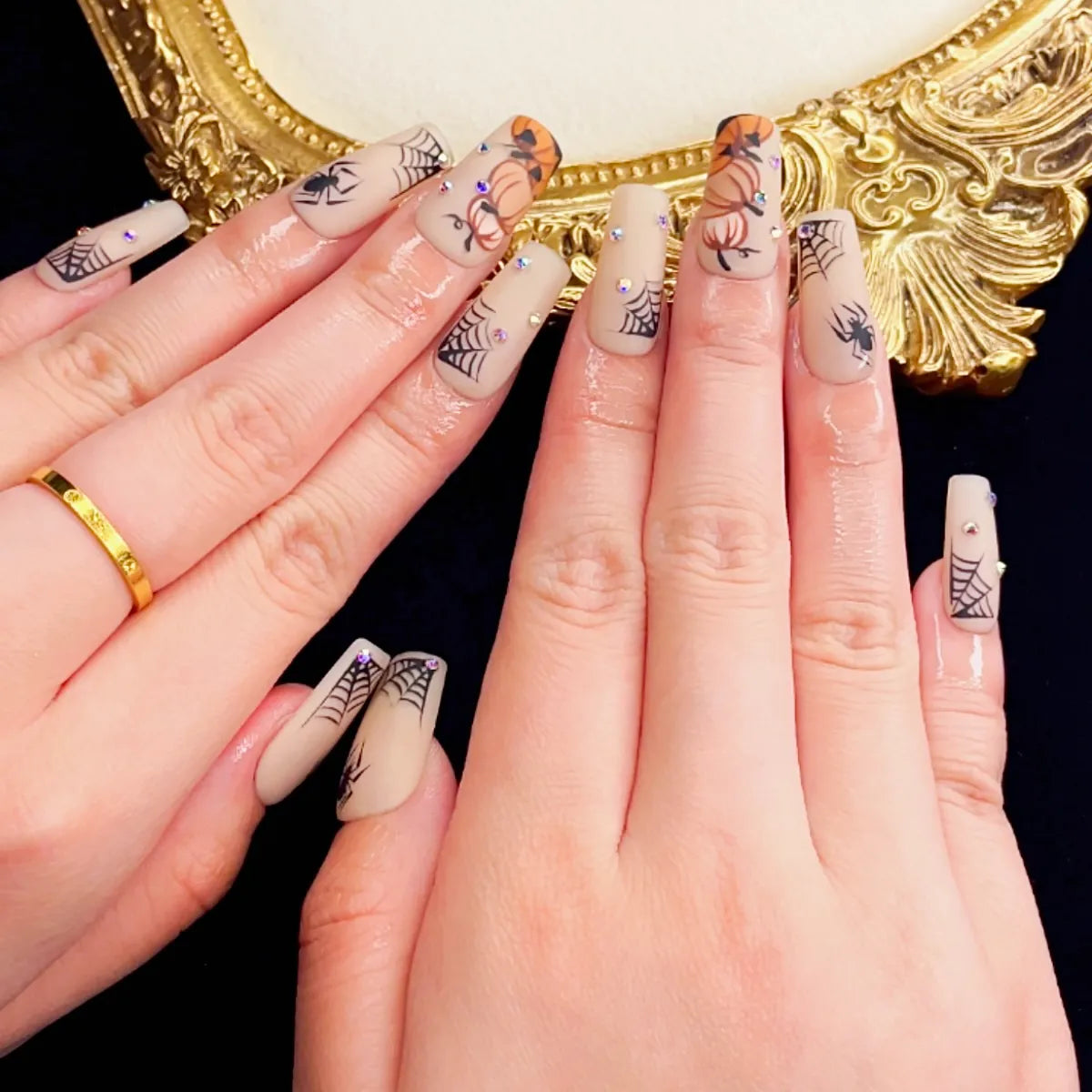 Press On Nail Pumpkin Spider