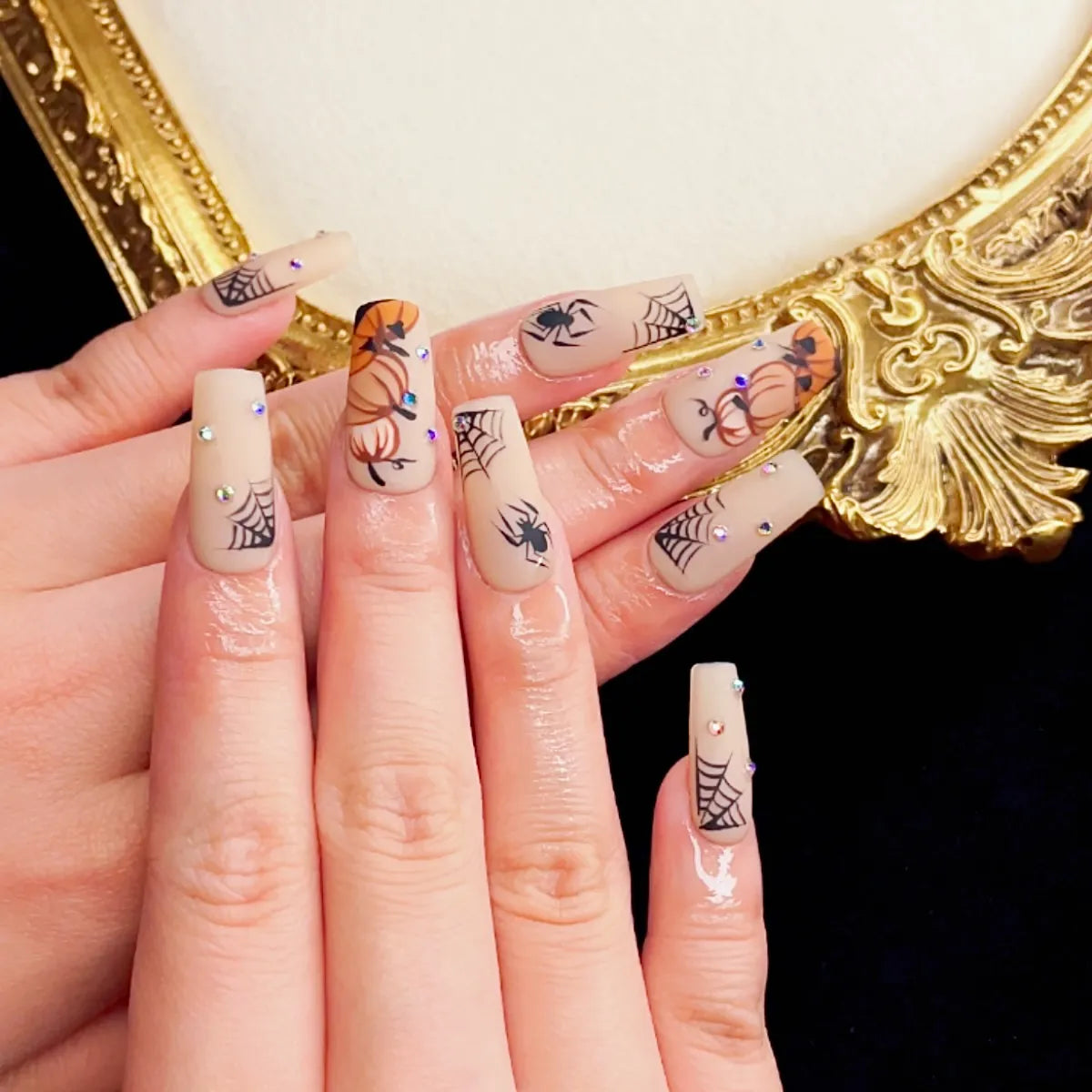 Press On Nail Pumpkin Spider
