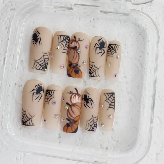 Press On Nail Pumpkin Spider