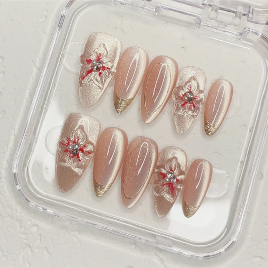 Press On Nail Nude Cat's Eye Flower