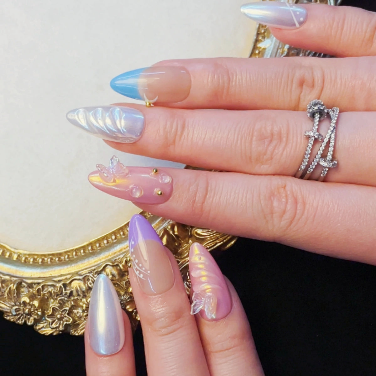 Press On Nails Silver Wave