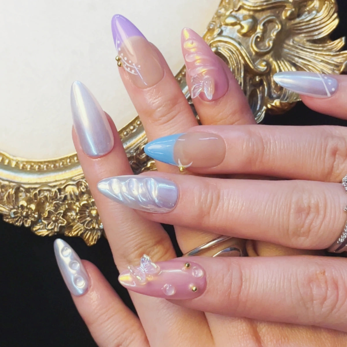 Press On Nails Silver Wave